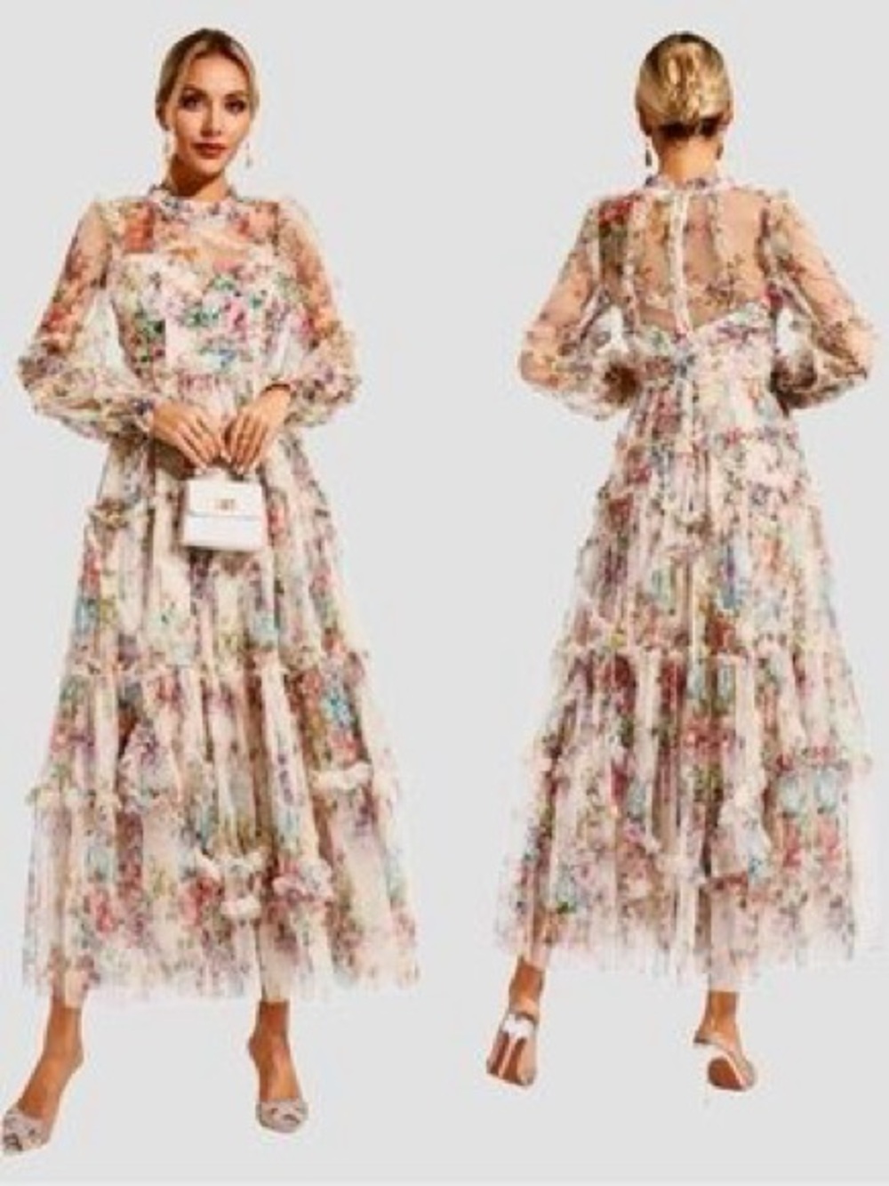 NWT CATCHALL Floral Ruffle Mesh Tiered Maxi Dress Romantic Cottagecore - Picture 2 of 11